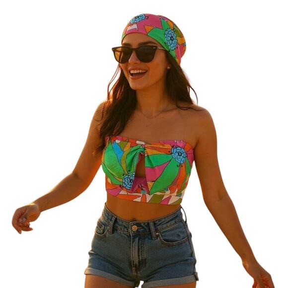 Rachel Zoe Mod Floral Bow Keyhole Crop Tube Top Women size Small NWT - Picture 1 of 4